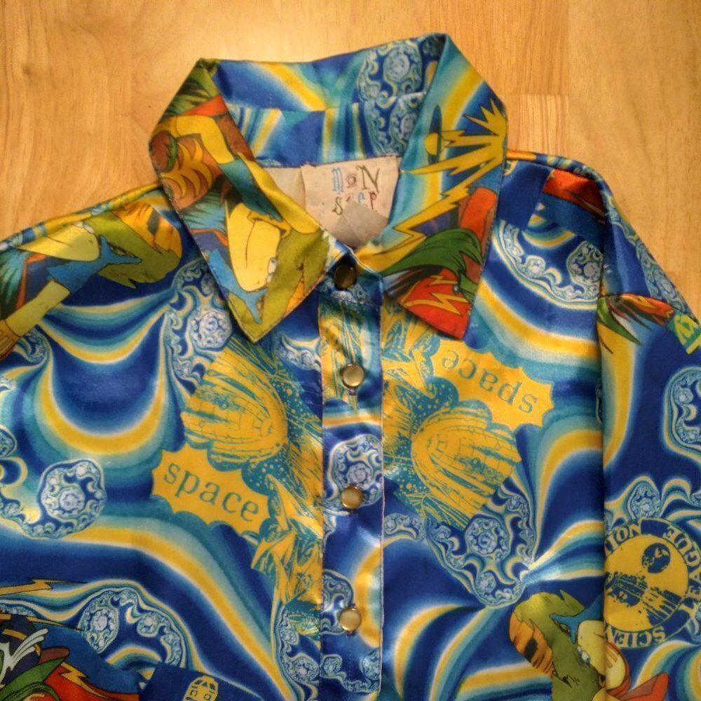 Vintage 90s Monster Girl Psychedelic Space Robot Polyester Disco Shirt